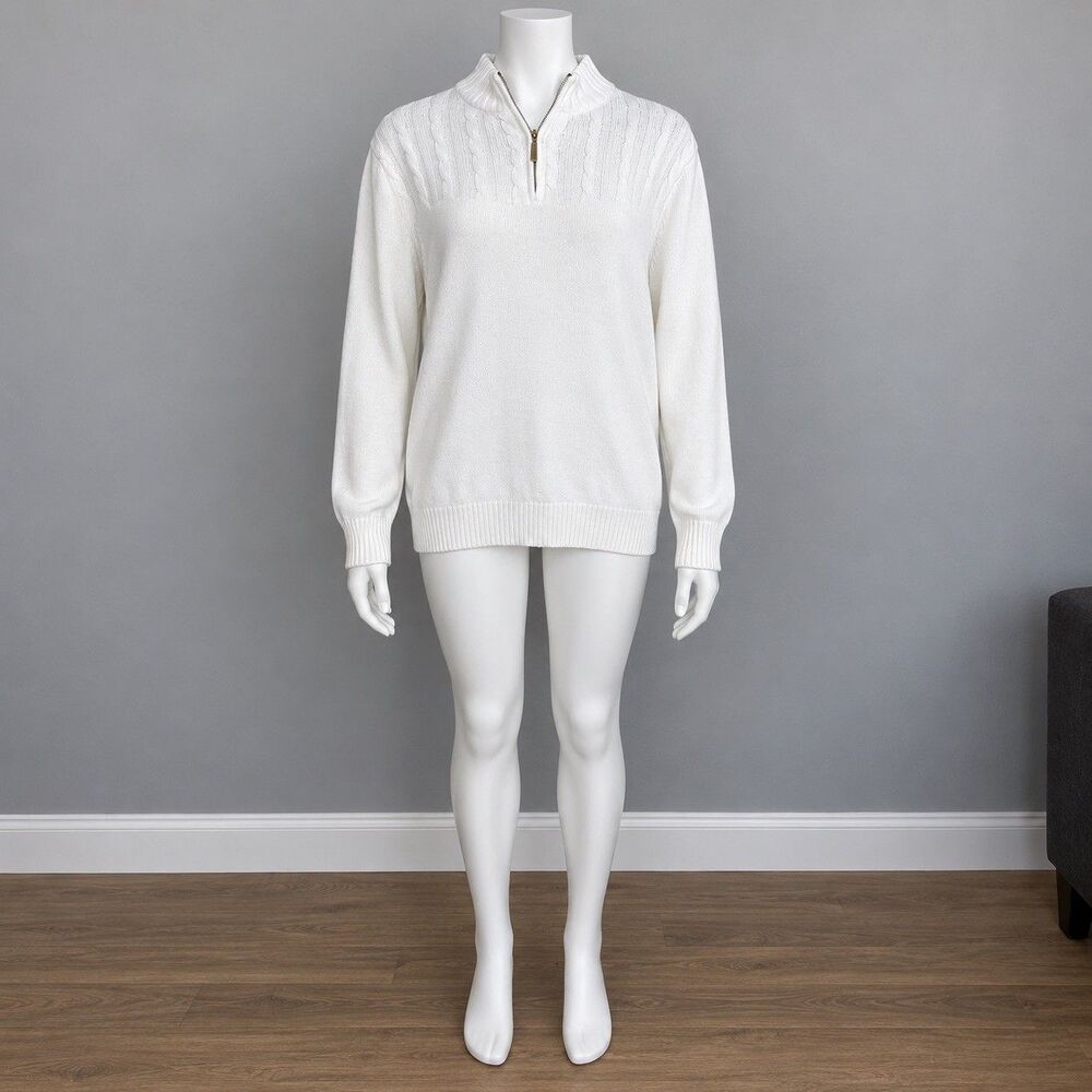 Women’s White Cable Knit Quarter Zip Sweater L Cotton Preppy Coastal Old Money